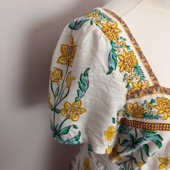 Draper James Dress Floral Linen Blend Square Neckline Lined Prairie Yellow Green - Picture 3 of 15